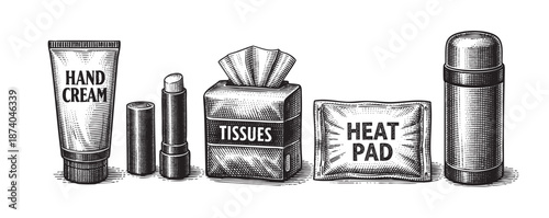 A retro style black and white illustration of personal care items including hand cream, lipstick, tissues, a heat pad, and deodorant, arranged linearly on a white background.