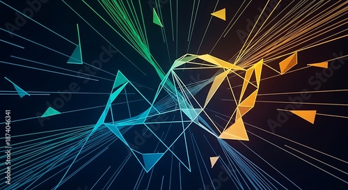 Vibrant abstract 3D geometric shapes and lines create a dynamic visual effect on dark blue background.