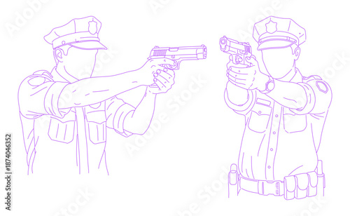 Police Officer Aiming Handgun Lineart Illustration