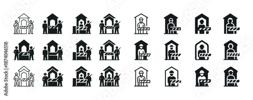 Icon set of security checkpoints with guards and barriers