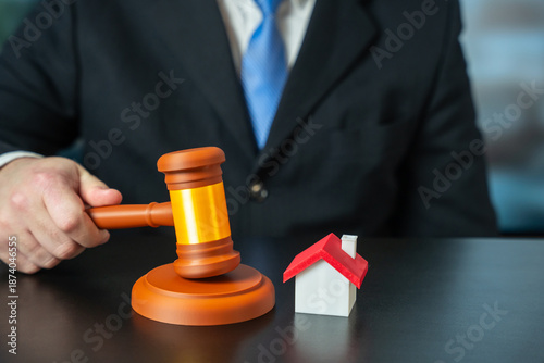 Cuadro en lienzo Male hand holds a judge’s gavel near house