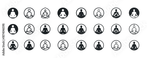 Collection of meditation icons with various sitting poses in black and white