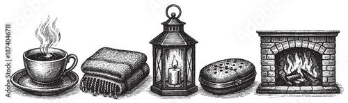 A charming vintage illustration in black and white depicts cozy winter essentials including a steaming cup of coffee, a folded blanket, a lit lantern, and a fireplace.
