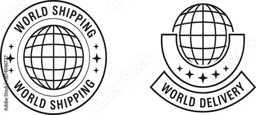 Collection of stylized global shipping and world delivery vector emblems, ideal for international logistics, transport, and freight service branding