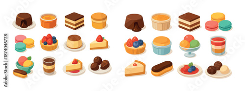 Delicious assortment of colorful desserts including cakes, pies, macarons, and mousse