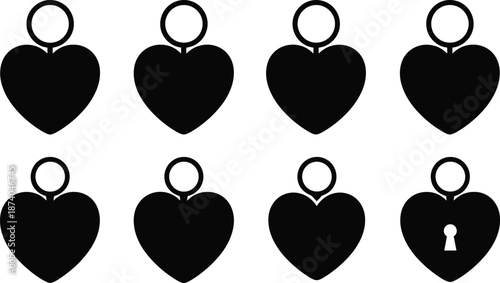 Heart-shaped lock icons with keyhole puzzle design for love, security, pattern recognition, romantic symbol, vector silhouette illustration art
