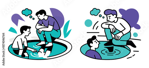 Reflection cartoon: male figures contemplating self in water