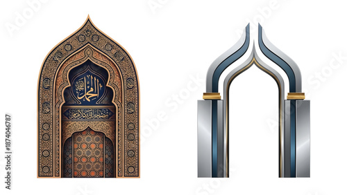 Composition of two modern and classic Islamic mihrabs in one frame