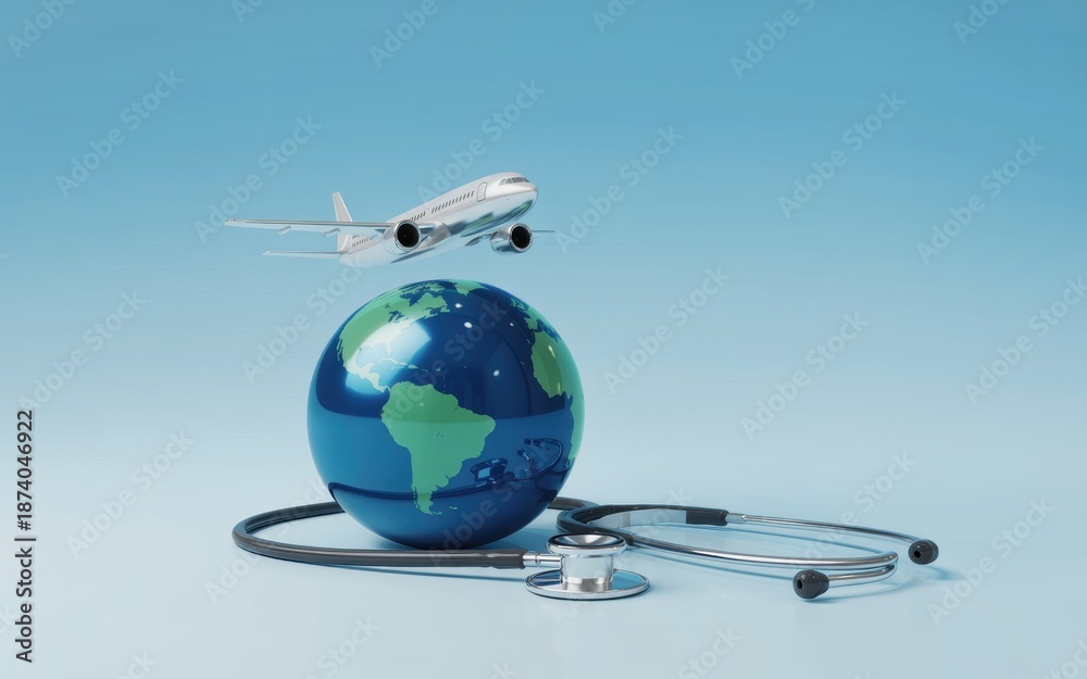 Fototapeta premium A stethoscope wrapped around a globe with an airplane flying above, symbolizing global health and travel.