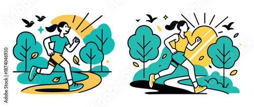 Illustrated female runner in park setting with trees and birds