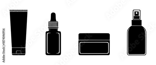 Black silhouette of skincare containers including a tube a dropper bottle a jar and a spray bottle cosmetic