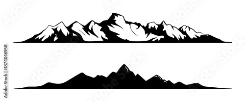 Black silhouette of jagged mountain range and smooth rolling hills against white background peak