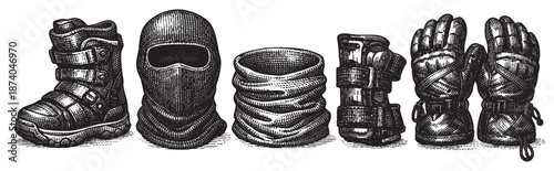 This detailed black and white engraving showcases essential winter sports equipment including boots, balaclava, neck gaiter, elbow pads, and gloves arranged side-by-side for a clear display.