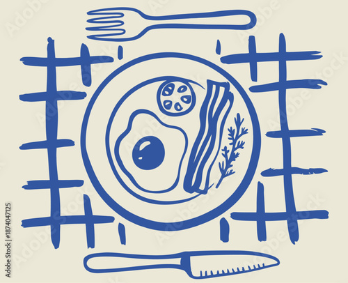 Blue ink of breakfast plate with fried egg bacon tomato and parsley with fork and knife food