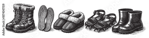 A detailed black and white illustration showcasing various winter footwear items including fur-lined boots, insoles, and ankle boots, perfect for seasonal fashion or outdoor themes.