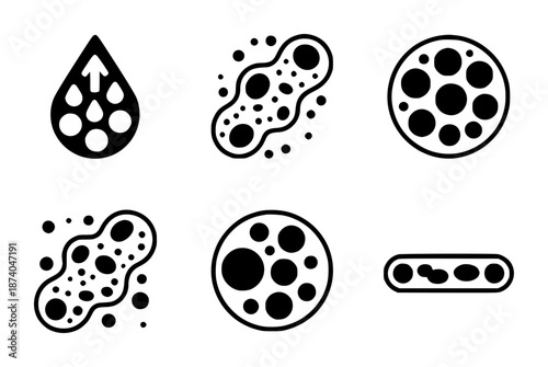 Collection of abstract black representing cells and liquid drop with arrow biology science
