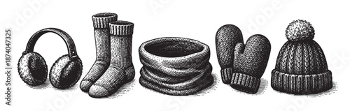 This black and white line art illustration features a collection of vintage winter accessories including earmuffs, socks, a scarf, mittens, and a bobble hat, ideal for design projects.