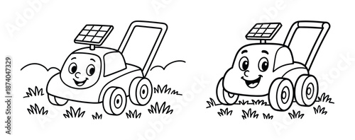 Smiling cartoon lawn mowers with solar panels for kids coloring