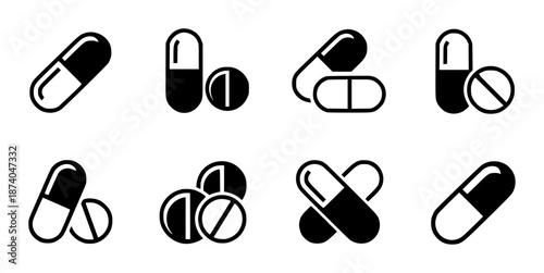 Collection of black and white representing various pills and capsules medicine health