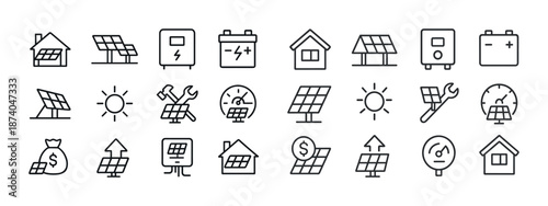 Collection of solar energy icons featuring panels, batteries, and tools