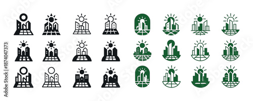 Set of city and solar panel icons in black and green