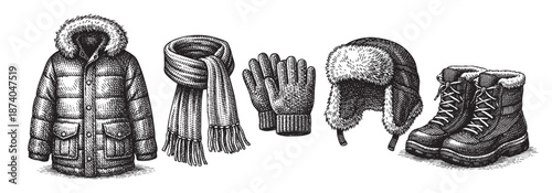 A black and white line drawing showcases essential winter clothing items, including a parka, scarf, gloves, hat, and boots, arranged side-by-side for a clean, graphic presentation.