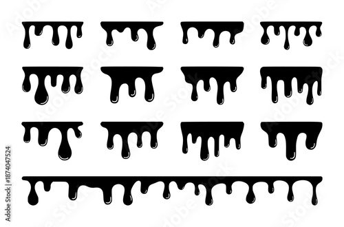 Collection of black dripping liquid and borders white background drop paint