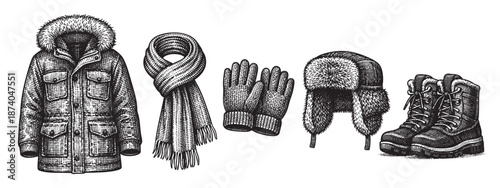 A black and white line drawing showcases essential winter clothing items, including a parka, scarf, gloves, hat, and boots, arranged side-by-side for a clean, graphic presentation.
