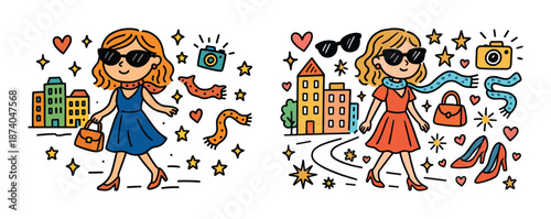 Stylish cartoon woman enjoying fashion and city life