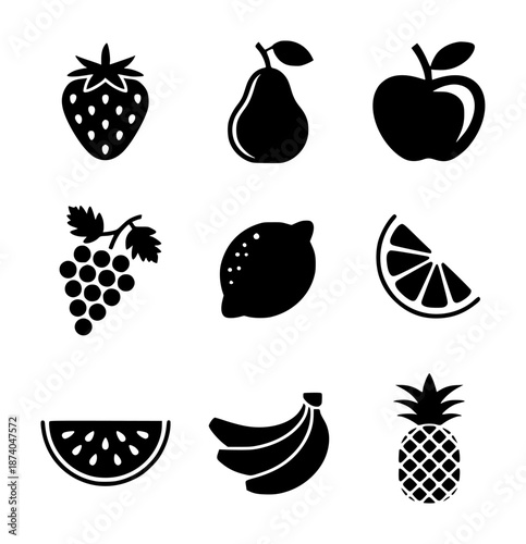 Collection of black fruit including strawberry pear apple grapes lemon orange slice watermelon slice bananas and pineapple