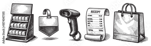A black and white illustration depicts various retail and transaction elements including a display rack, tag, scanner, receipt, and shopping bag, suitable for commerce themes.