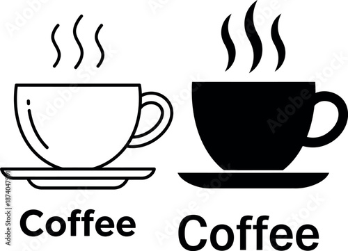 Coffee cup and saucer icon set with silhouette