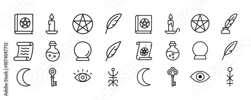 Mystical icons set featuring pentagram, candle, feather, potion and crescent moon