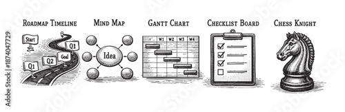 A hand-drawn sketch montage illustrating business planning concepts including a roadmap, mind map, Gantt chart, checklist, and chess knight, conveying strategy and progress.