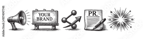 A set of black and white graphic icons representing advertising, public relations, marketing, and growth, ideal for business and promotion concepts.