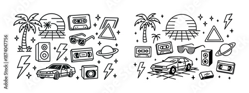 Retro 80s vibe doodles with cassette tapes, sunglasses, and palm trees