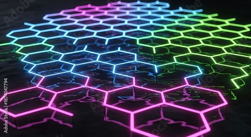 Neon hexagonal grid pattern glowing with vibrant colors on black background creating futuristic ambiance atmosphere