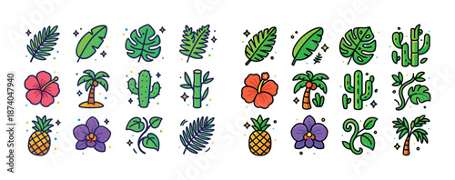 Colorful tropical plant icons with leaves, flowers, and cacti