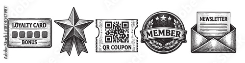 A collection of five hand-drawn graphic elements including a loyalty card, a star, a QR code coupon, a member stamp, and a newsletter in an envelope.