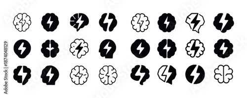 Brain and lightning icons set: creativity and energy symbols in black and white