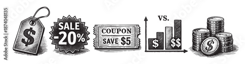 This vintage-style illustration displays a shopping tag with a dollar sign, a sale coupon offering a discount, a bar graph showing financial growth, and stacks of coins.