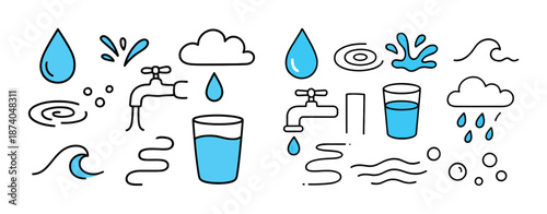 Water elements and symbols: drops, faucets, clouds, waves, and glasses