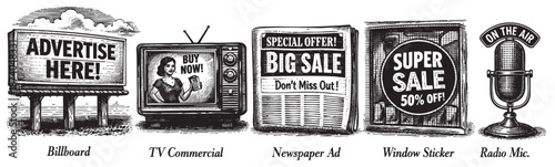 A vintage black and white woodcut style illustration showcases various advertising media including a billboard, television, newspaper, window sticker, and radio microphone.