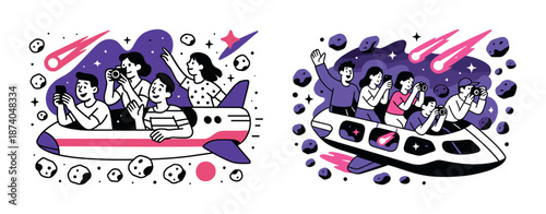 Diverse group enjoying space adventure in futuristic hovercraft