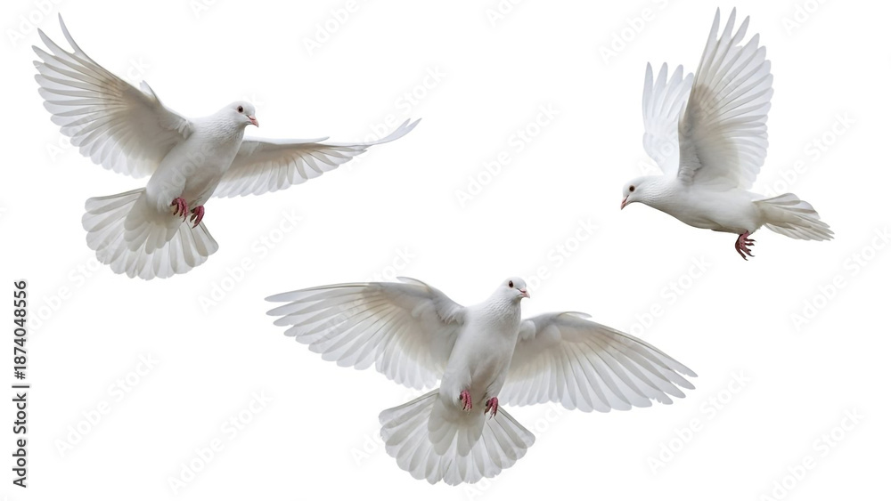 Obraz premium Three white doves flying in formation on white background