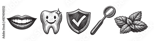 A collection of black and white hand-drawn icons representing dental care, including lips, a sparkling tooth, a shield with a checkmark, a dental mirror, and mint leaves.