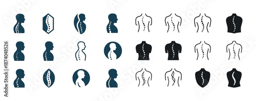 Various spine and posture silhouette icons in black and blue design