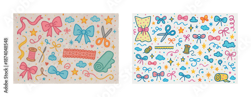 Colorful sewing patterns with ribbons, bows, and scissors on whimsical background