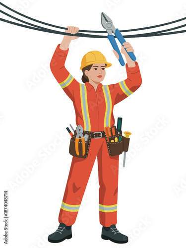 A lineman in orange uniform and hard hat working on high voltage power lines from a low angle