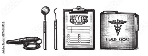 A black and white vintage illustration features dental examination tools and a health record folder with a caduceus symbol, representing oral healthcare and medical history.